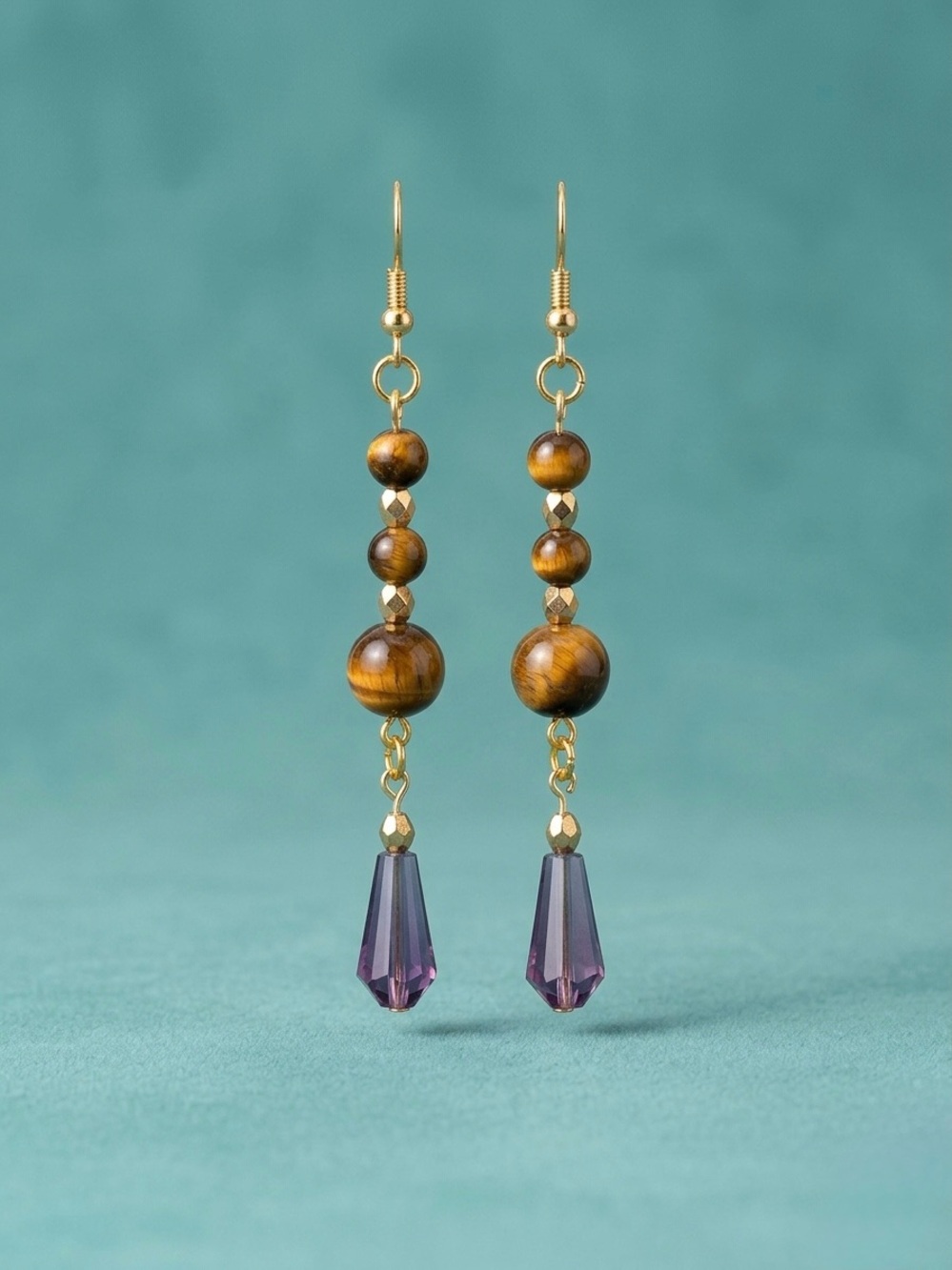 Handmade Tiger Eye and Amethyst Drop Earrings - Gold Tone
